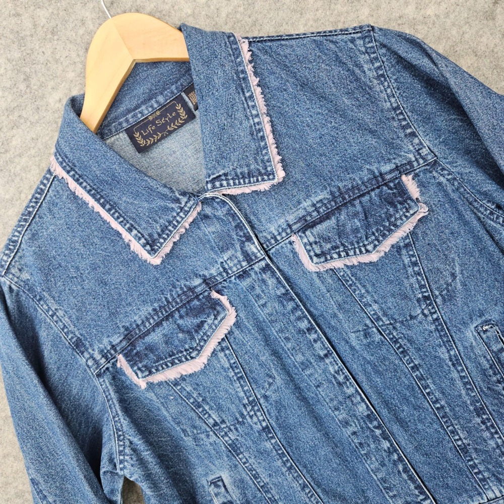 Life‎ Style Denim Jacket Womens Large Blue Pink Frayed Trim Snap Cotton Vintage